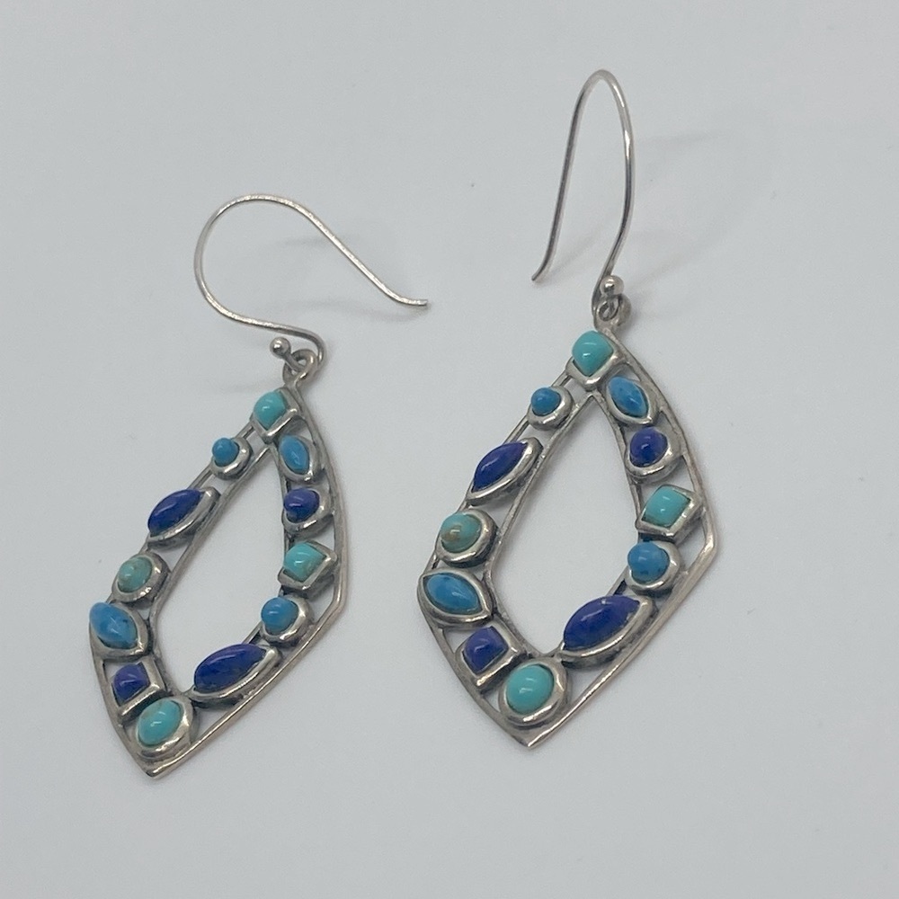 Vtg 925 Sterling Silver & Multi Colour Blue Turqouise Dangle Earrings | 2.2” - Picture 4 of 13